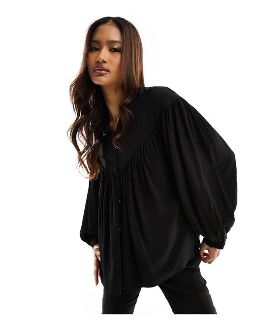 & Other Stories Black Volume Sleeve Smocked Blouse With Frill Neck