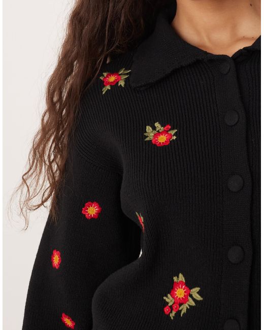 Nobody's Child Black Embroidered Button Up Cardigan With Scallop Collar