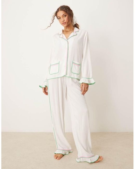 ASOS Set Van Pyjama-Overhemd En Broek Met Randje in het Natural