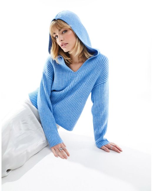 Monki Blue V Neck Knitted Hood Sweater
