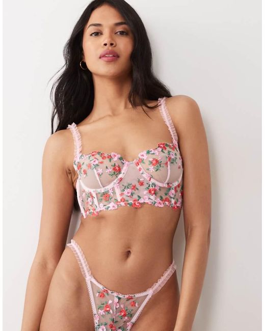 Wild Lovers Pink Suzette Embroidered Floral Mesh Bustier Bra