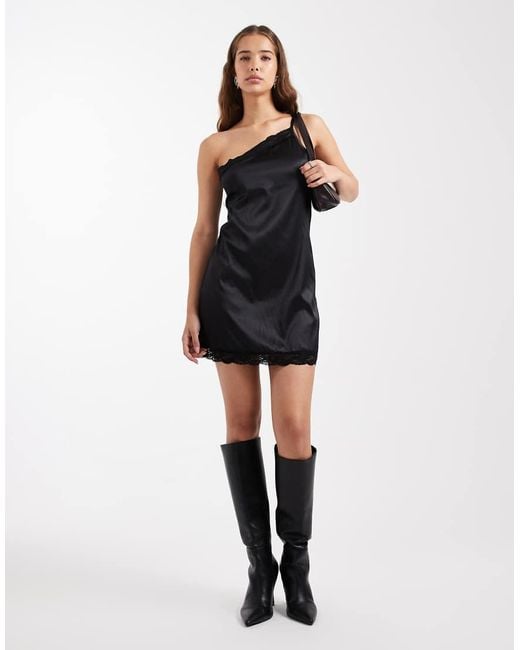 Miss Selfridge Lace Detail Asym Satin Mini Dress in Black