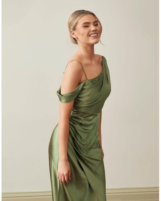 Six Stories Green Bridesmaid Satin Asymmetric Cowl Neck Maxi Dress