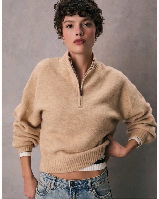 Pull à col zippé en maille - beige Stradivarius en coloris Brown