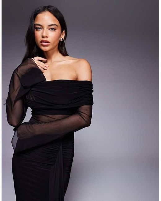 Kaiia Blue Exclusive Double Layered Slinky Foldover Bardot Sheer Panel Ruched Skirt Maxi Dress