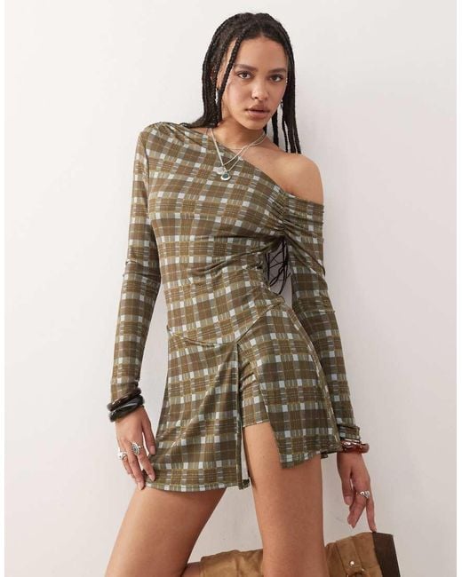 Reclaimed (vintage) Geruite Mini Skort-Jurk Van Gladde Stof Met Lange Mouwen in het Natural