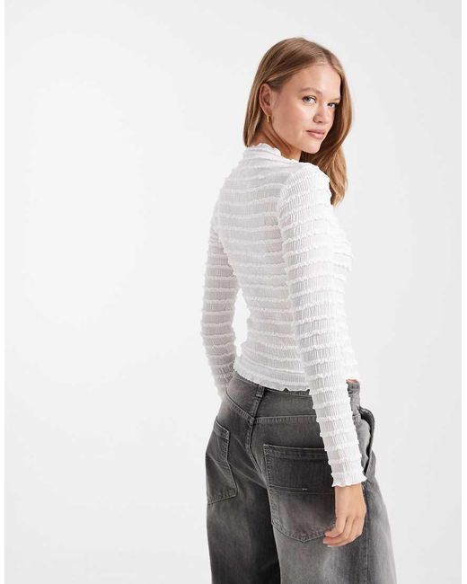 Pieces White Bubble Textured Long Sleeve Jersey Top