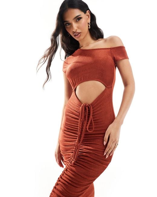 ASOS Red Slinky Asymmetric Neckline Ruched Maxi Dress