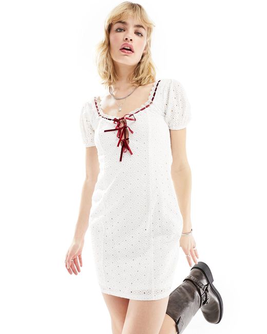 Daisy Street White Lace Mini Milkmaid Dress With Red Ribbon Detail