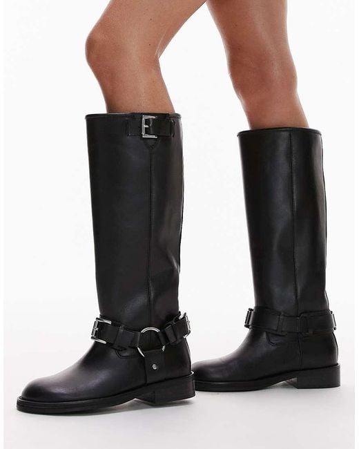 TOPSHOP Black Tee Premium Leather Knee High Biker Boots