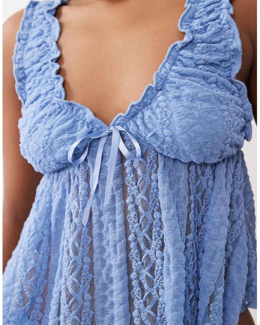 Gina Tricot Blue Lace Top With Front Ribbon Bow