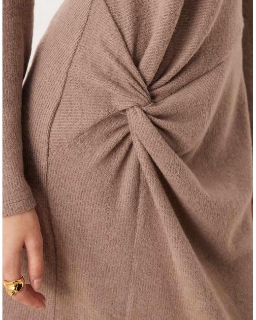 ASOS Natural Cosy Rib Long Sleeve Twist Detail Midi