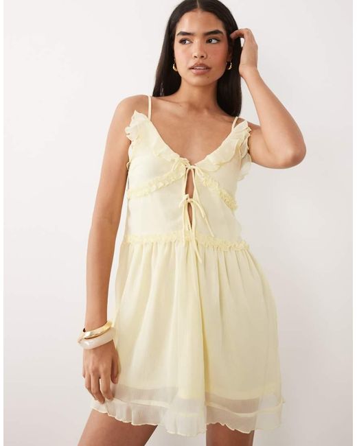 Vila Natural Tie Front Cami Mini Dress With Frill Trim