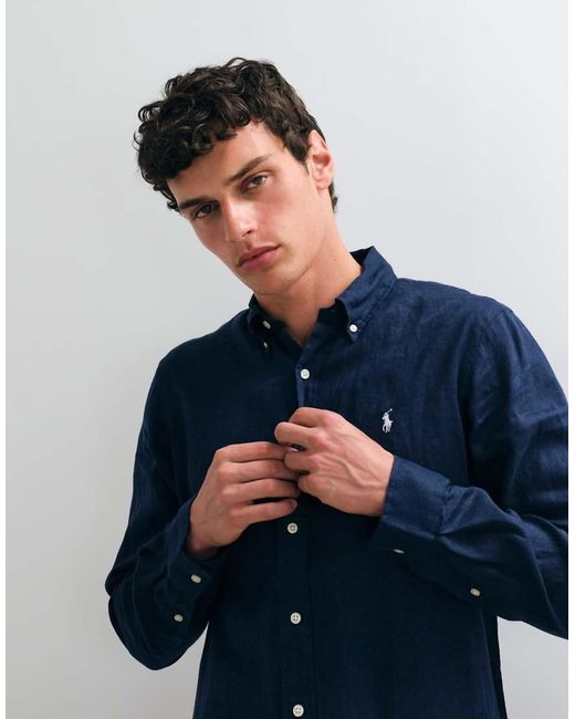 Polo Ralph Lauren Blue Icon Logo Long Sleeve Linen Shirt for men