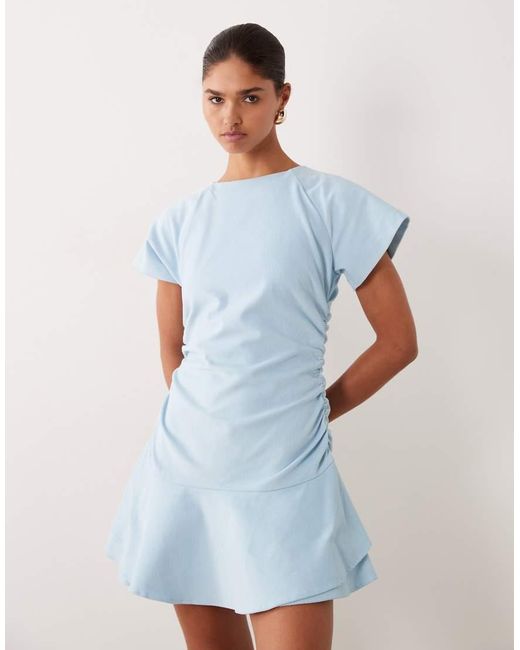 ASOS Blue Cord Short Sleeve Mini Dress With Ruching Tie Waist Detail