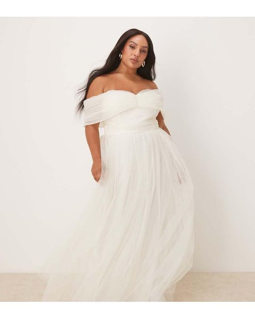 Lace & Beads Plus Natural Bow Off Shoulder Tulle Maxi Dress