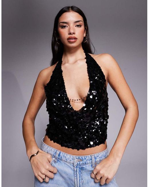 Tiger Mist Black Zana Halterneck Disc Sequin Chain Cowl Detail Tie Back Top