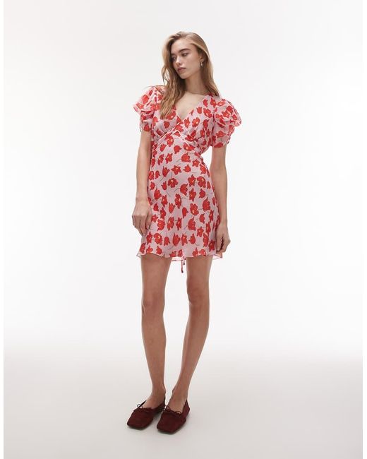 TOPSHOP Schuingesneden Nette Mini Jurk Met Gerimpelde Mouwen En Bloemenprint in het Red