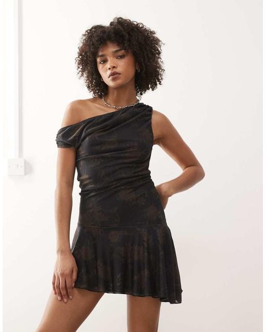 Motel Natural Tohari Off Shoulder Aysmetric Ruffle Mini Dress