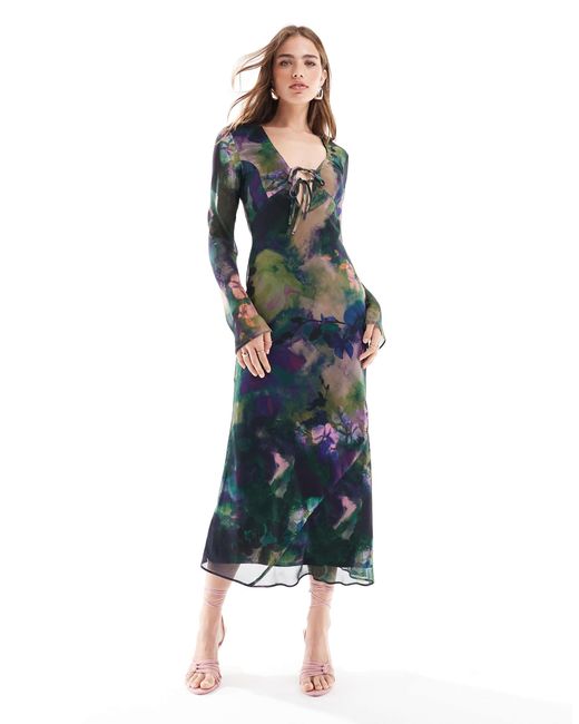 ASOS Blue – langärmliges midikleid mit gebundener vorderseite, grunge-blumenmuster und rock mit bias-cut