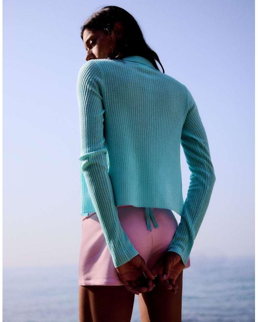 Bershka Blue Fine Knit Polo Collar Cardigan