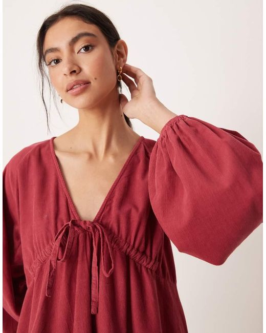 ASOS Red Corduroy V-neck Tie Bust Mini Dress With Volume Sleeve
