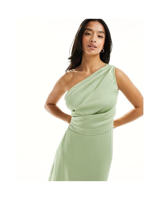 TFNC London Green Bridesmaid Satin One Shoulder Maxi Dress With Wrap Skirt