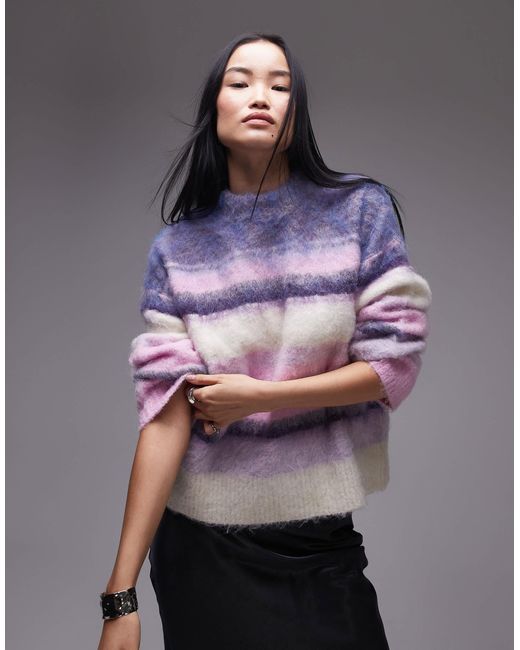 TOPSHOP Purple Knitted Fluffy Stripe Relaxed Jumper