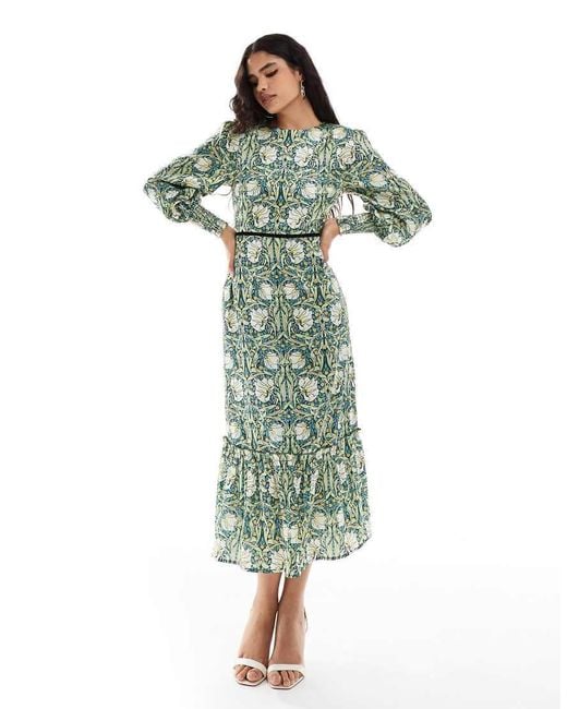 Hope & Ivy Green Collaboration With The William Morris Society High Neck Midi Dress With Bow Back