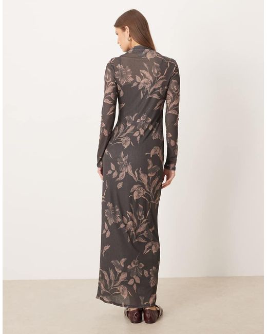 ASOS Multicolor Long Sleeve Drape Ruched Front Detail Midi Dress
