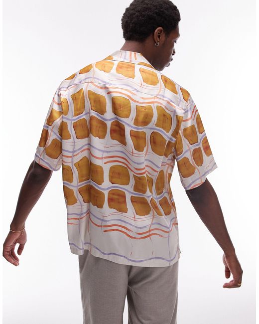 Topman White Short Sleeve Tile Printed Satin Shirt for men