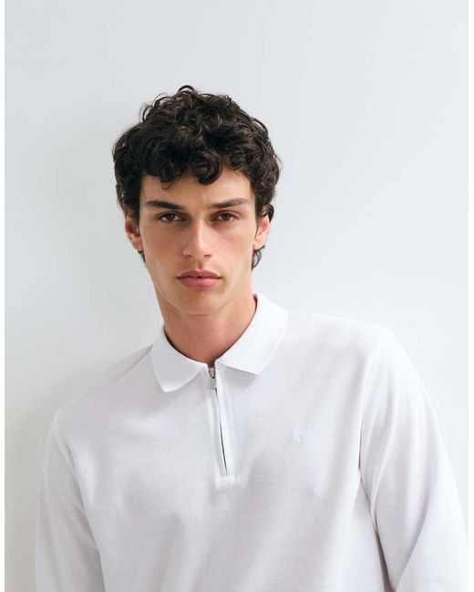 Jack & Jones White Long Sleeve Zip Polo Top for men
