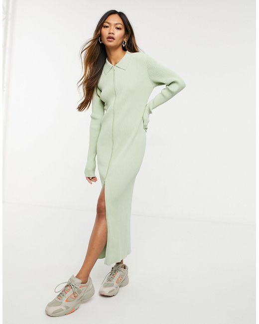 Weekday Green Riana Knitted Dress With Zip Through
