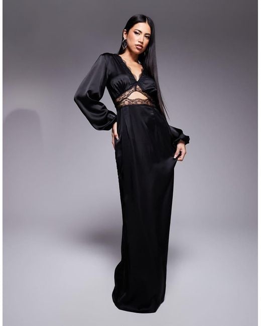 Never Fully Dressed Blue Mimi Long Sleeve Lace Cut-out Slip Maxi Dress