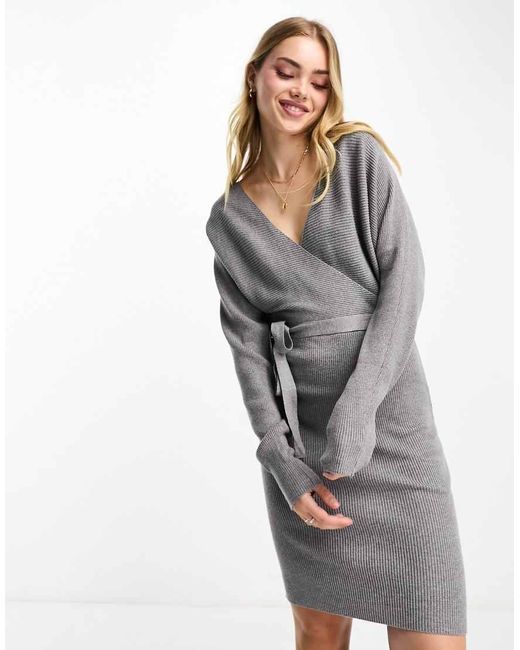 Vero Moda Gray Wrap Belted Long Sleeve Knitted Mini Dress