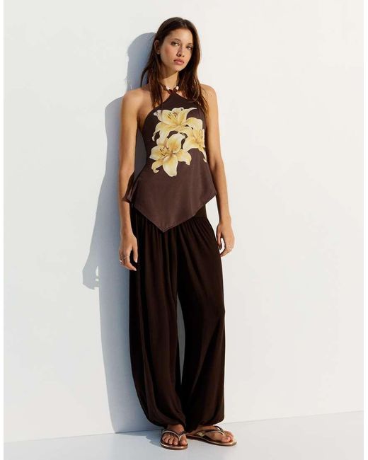 Bershka Brown Halter Neck Print Top
