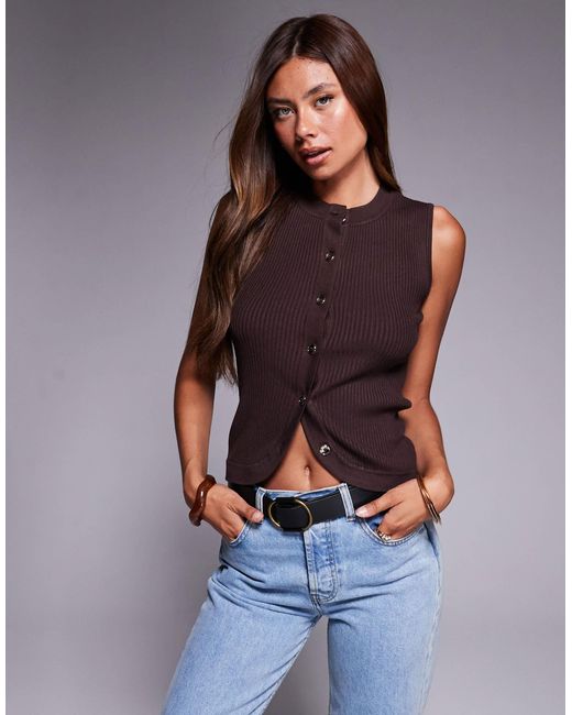 River Island Brown Ribbed Button Front Top