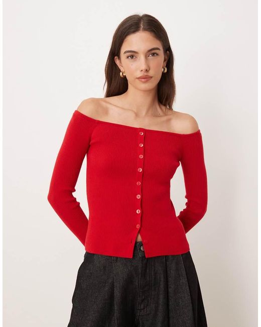 Abercrombie & Fitch Red Button Through Off Shoulder Top