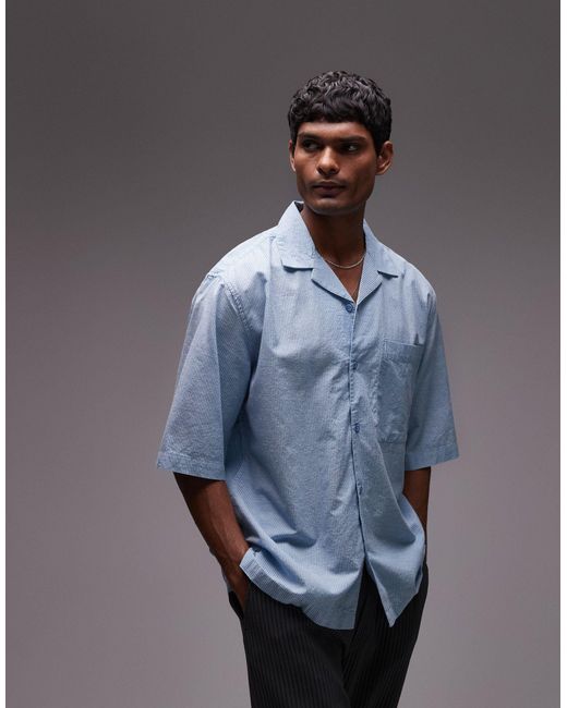 Topman Blue Short Sleeve Boxy Striped Shirt for men