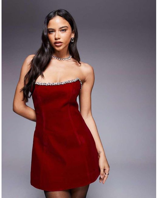 Murci Red Structu Bandeau Velvet Diamante Trim Lace Up Back Detail Mini Dress