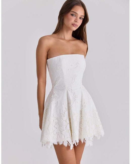 House Of Cb White Jemima Strapless Custom Lace Broderie Anglaise Mini Dress