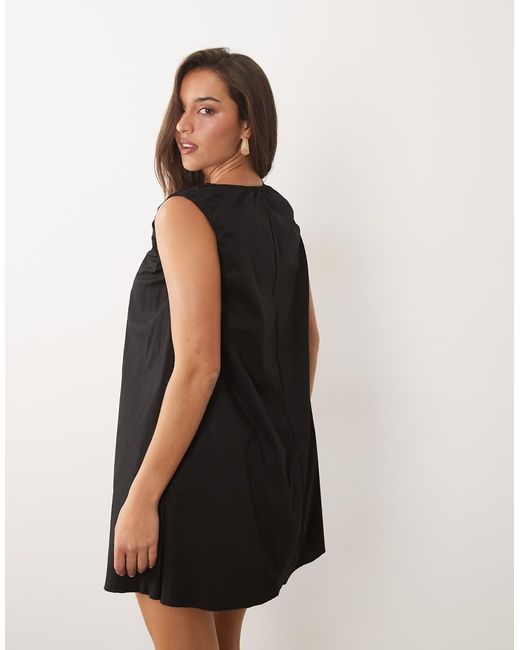 Fashionkilla Black Exclusive Cotton Rich Poplin Scoop Ruched Neck Detail Trapeze Mini Dress