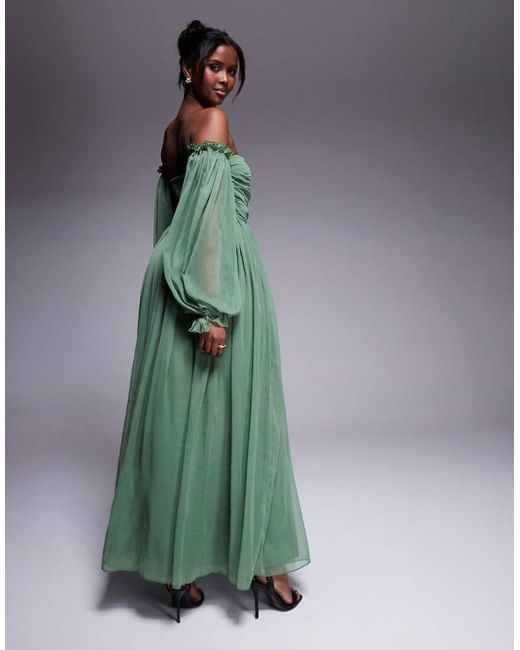 Vestido Largo Verde Con Mangas Globo Y Escote Bardot De LACE & BEADS de color Green