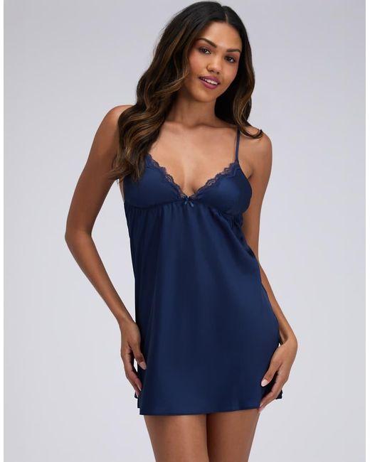 Boux Avenue Blue Kaya Satin Chemise Nightwear With Floral Lace Detail