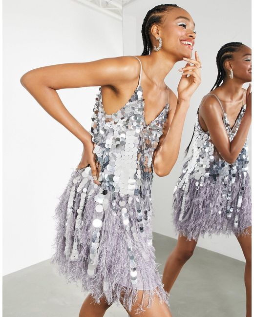ASOS Metallic Paillette Sequin Mini Dress With Faux Feather Hem