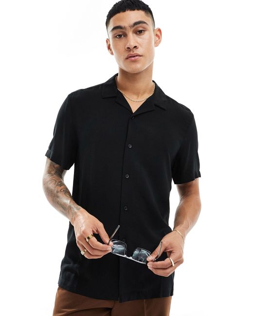 ASOS Black Regular Fit Viscose Shirt With Revere Collar for men