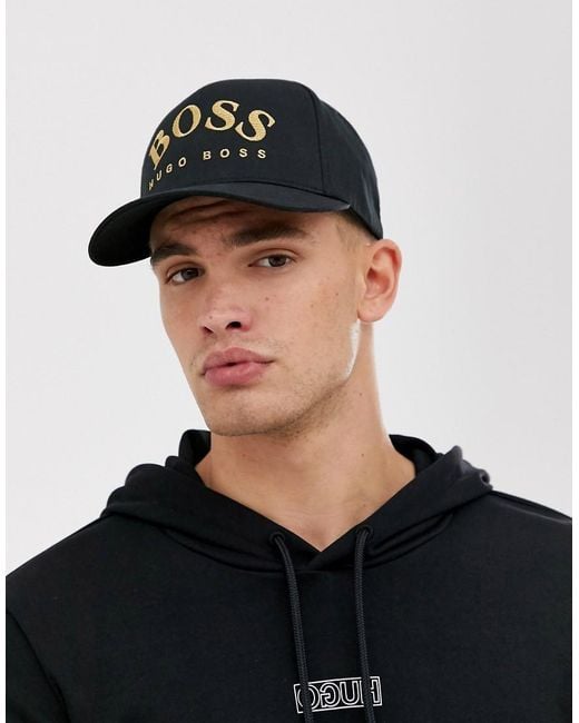 BOSS Embroidered Logo Cap In Black And Gold for men