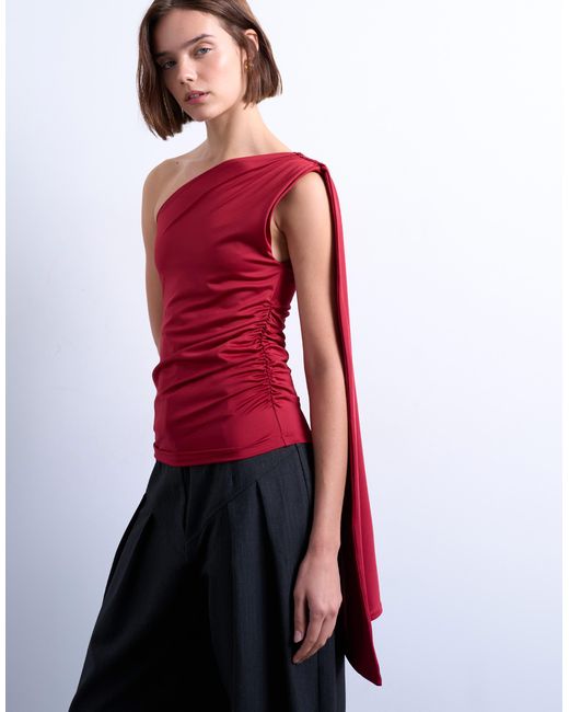 TOPSHOP Red One Shoulder Cape Detail Top