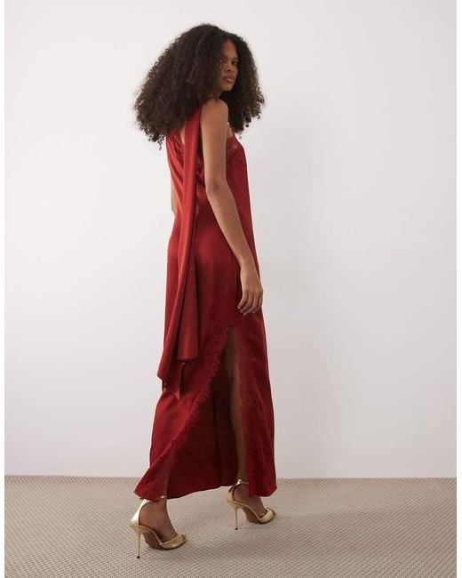 Mango Red Capsule Satin One Shoulder Maxi Dress With Lace Detail