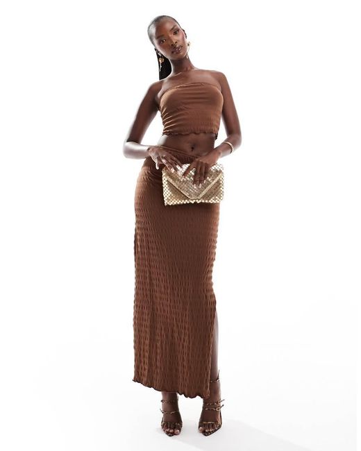 ASOS Brown Co-ord Set Shirred Textured Bandeau Top And Column Maxi Skirt